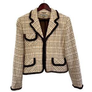 NWT Allen by Allen Schwartz Tweed Blazer Jacket Velvet Trim Camal SZ 14